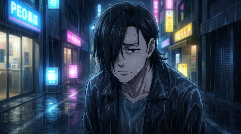 Junpei Yoshino alone in rainy Tokyo with emotional sadness