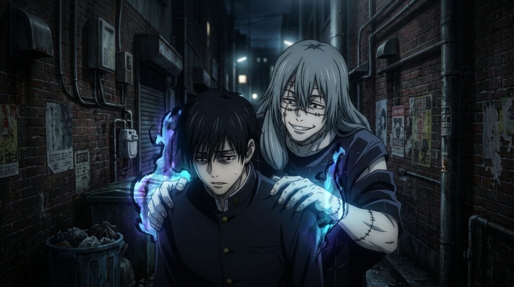 Mahito manipulating Junpei with dark cursed energy atmosphere