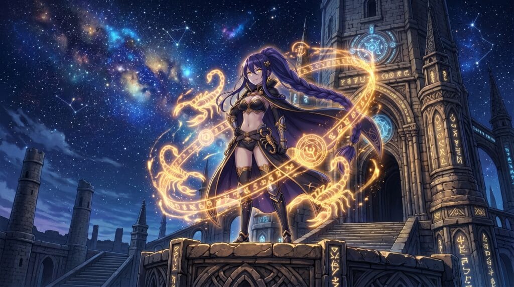 Shaula standing atop the Pleiades Watchtower beneath a star-filled sky, guarding the ancient secrets of the tower.