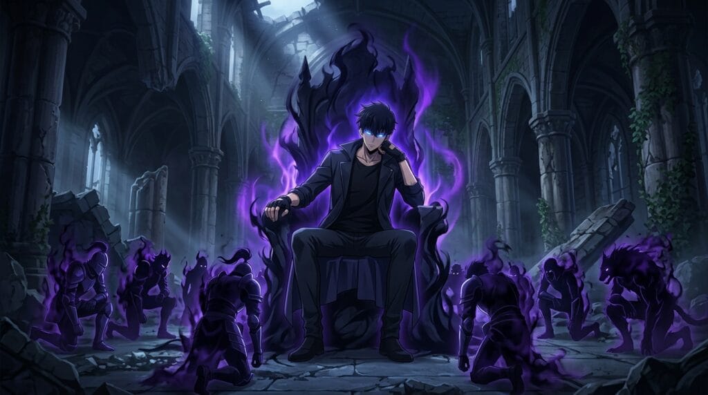 Sung Jin-Woo sitting on shadow throne with purple aura