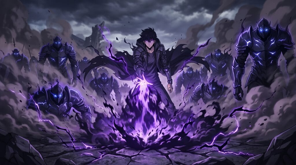Sung Jin-Woo using ARISE to summon shadow soldiers
