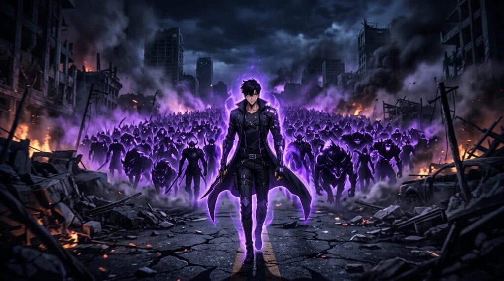 Sung Jin-Woo walking with his shadow army at night