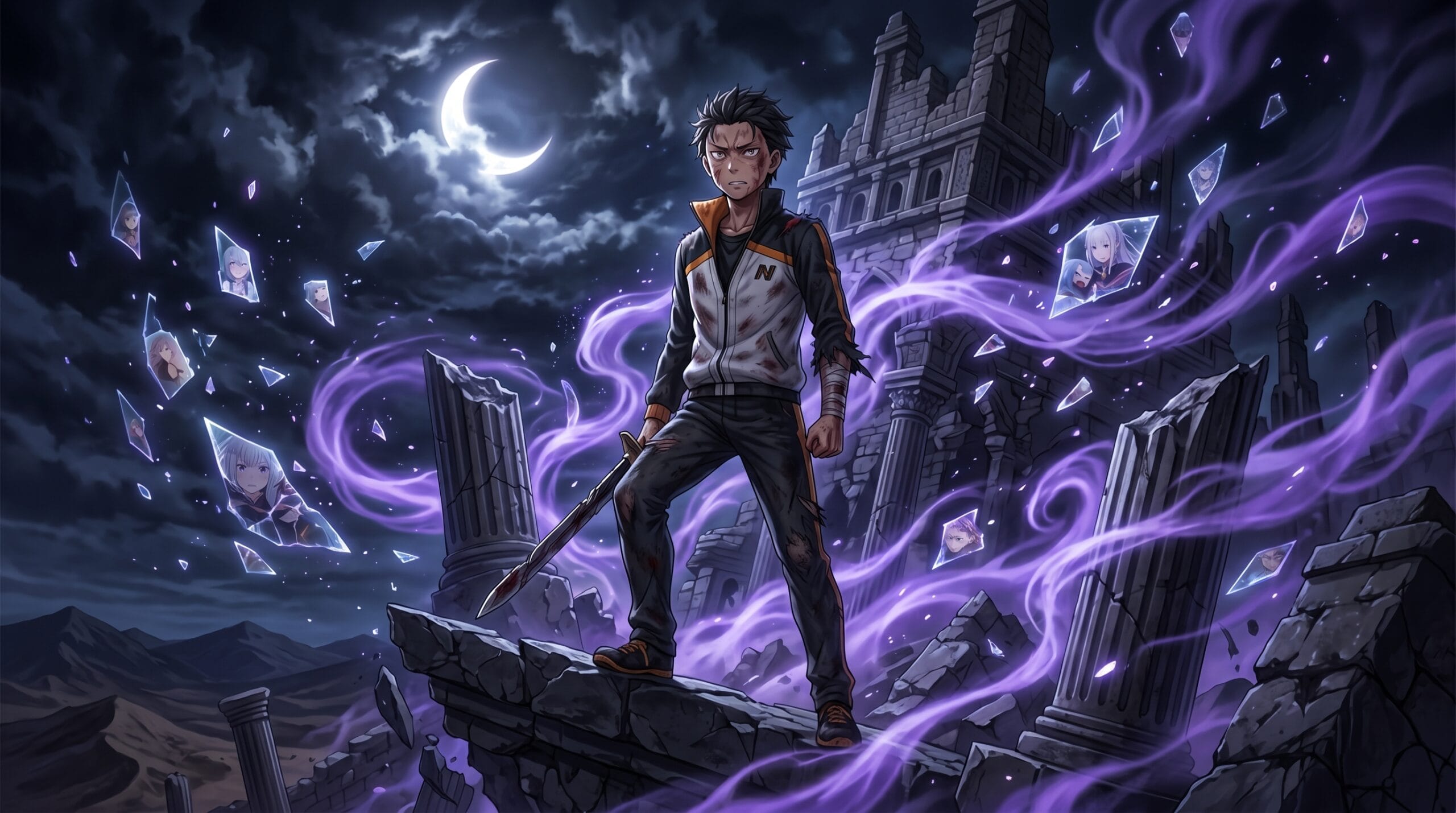 Subaru Natsuki standing alone atop the ruins of the Pleiades Watchtower at night, surrounded by violet mist and shattered timelines in Re:ZERO Season 4.