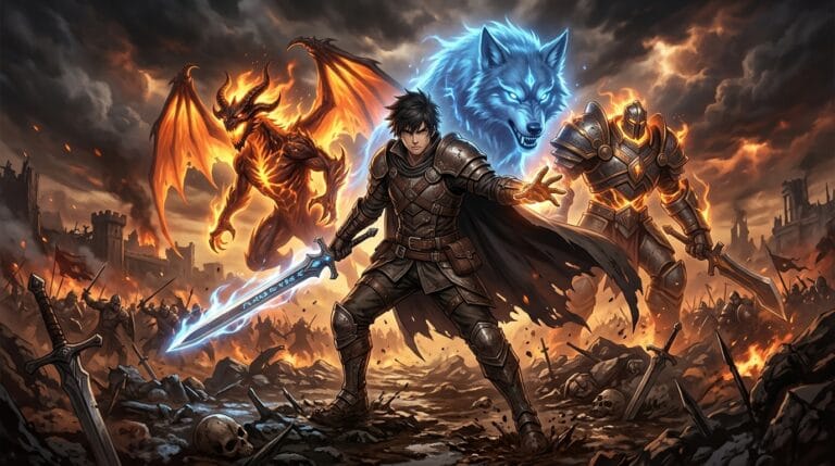 HELL MODE Season 2 anime poster featuring Allen and powerful summon creatures
