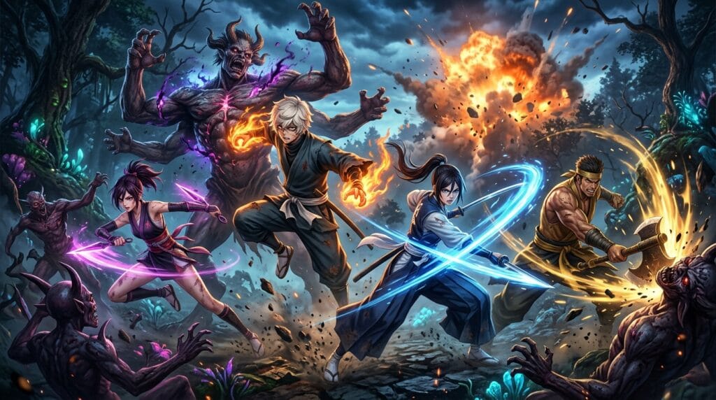 Hell’s Paradise JRPG multiplayer team battle gameplay concept