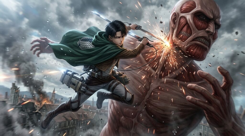 Levi inspired action battle scene in Attack on Titan