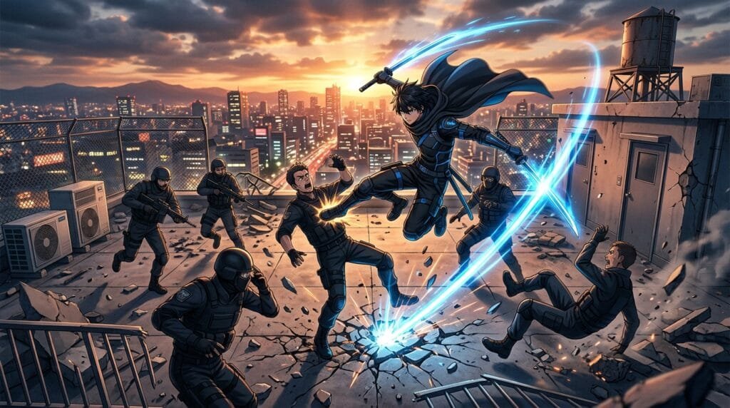 KILL BLUE Season 2 action battle rooftop scene