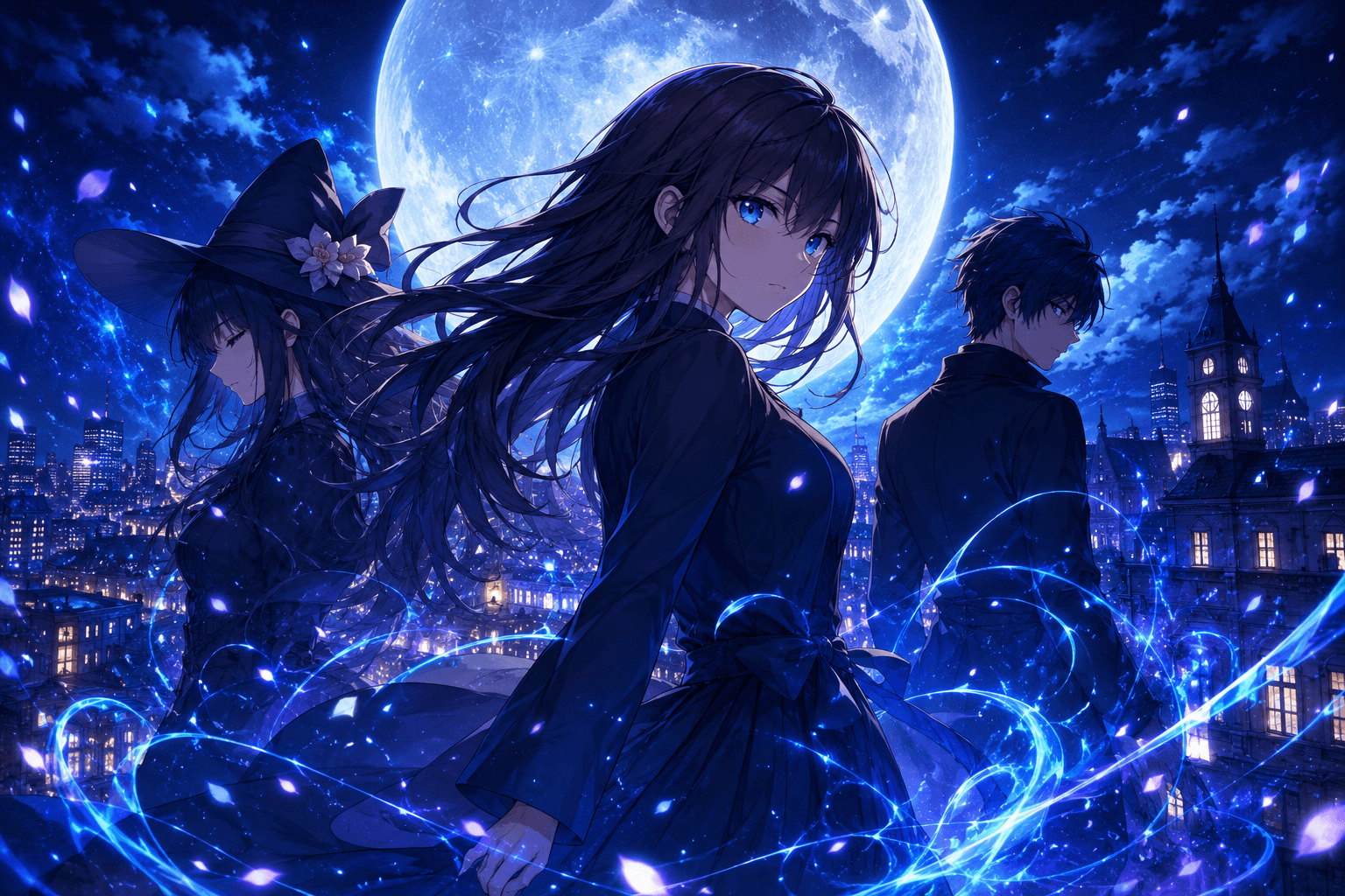 ufotable's Witch on the Holy Night promotional artwork featuring magical energy, moonlit skies, and fantasy city scenery.