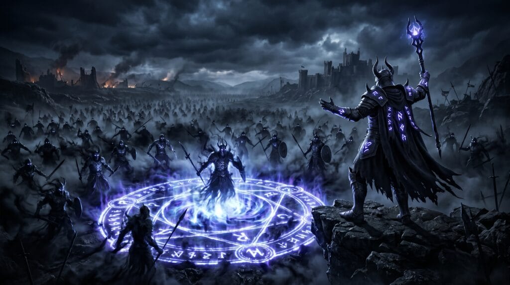 Dark fantasy king summoning a shadow army.