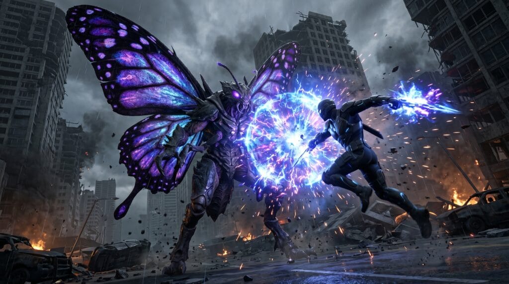 Shadow warrior fighting a powerful monster.