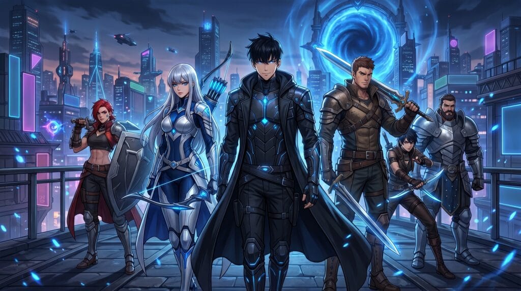 Elite hunter team gathered in a futuristic fantasy city led by a powerful shadow monarch warrior.