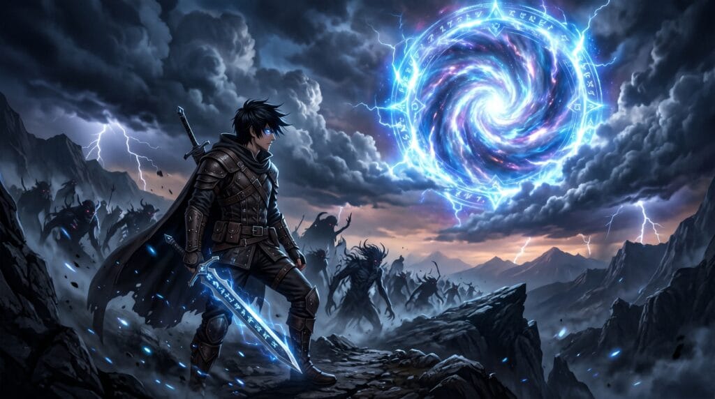 Mysterious shadow hunter with glowing blue eyes looking toward a massive portal while a shadow army rises behind him.