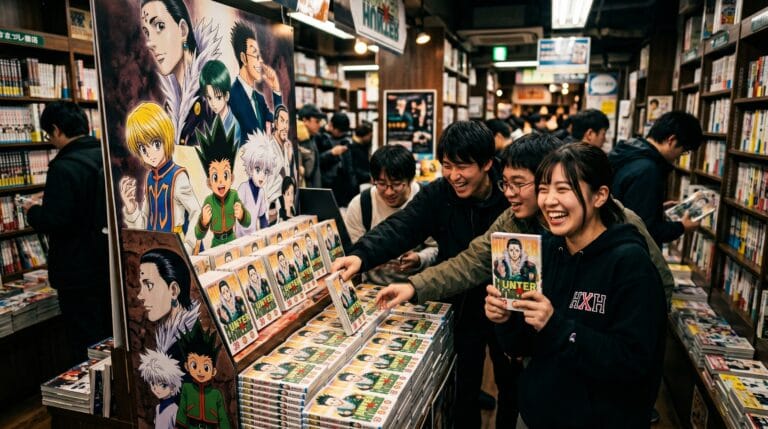 Hunter x Hunter Volume 39 release date announcement display in a Japanese manga store