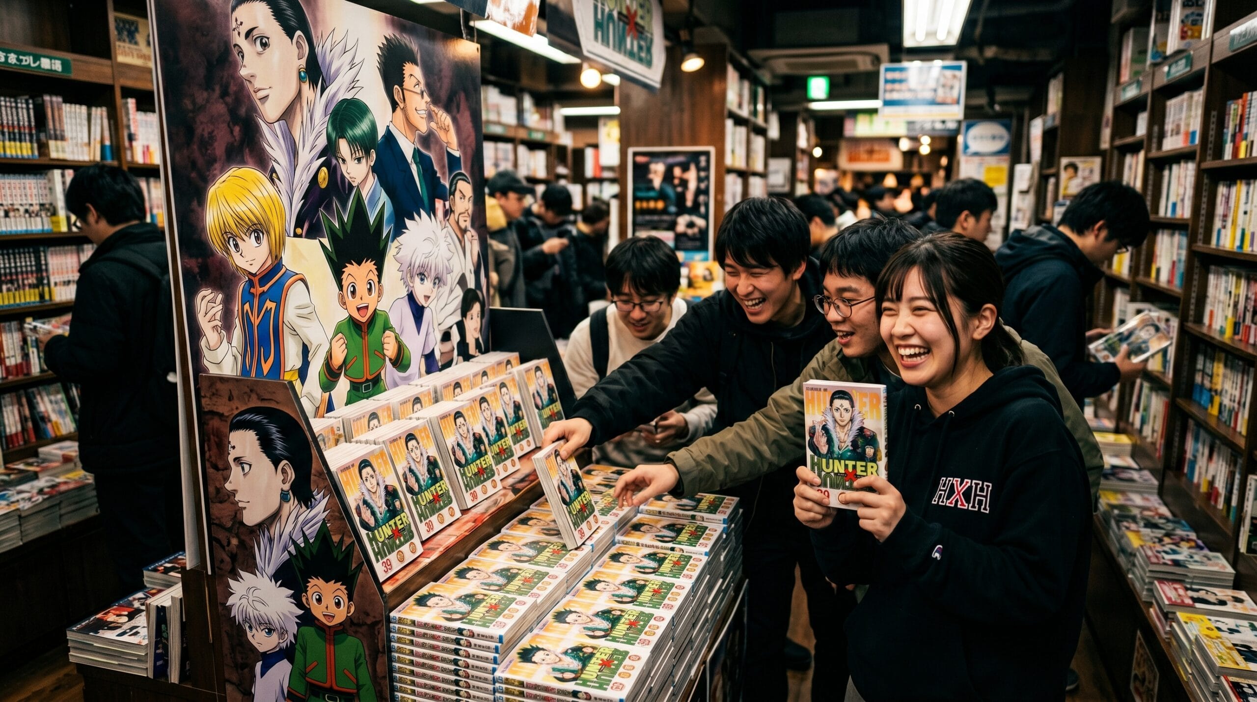 Hunter x Hunter Volume 39 release date announcement display in a Japanese manga store