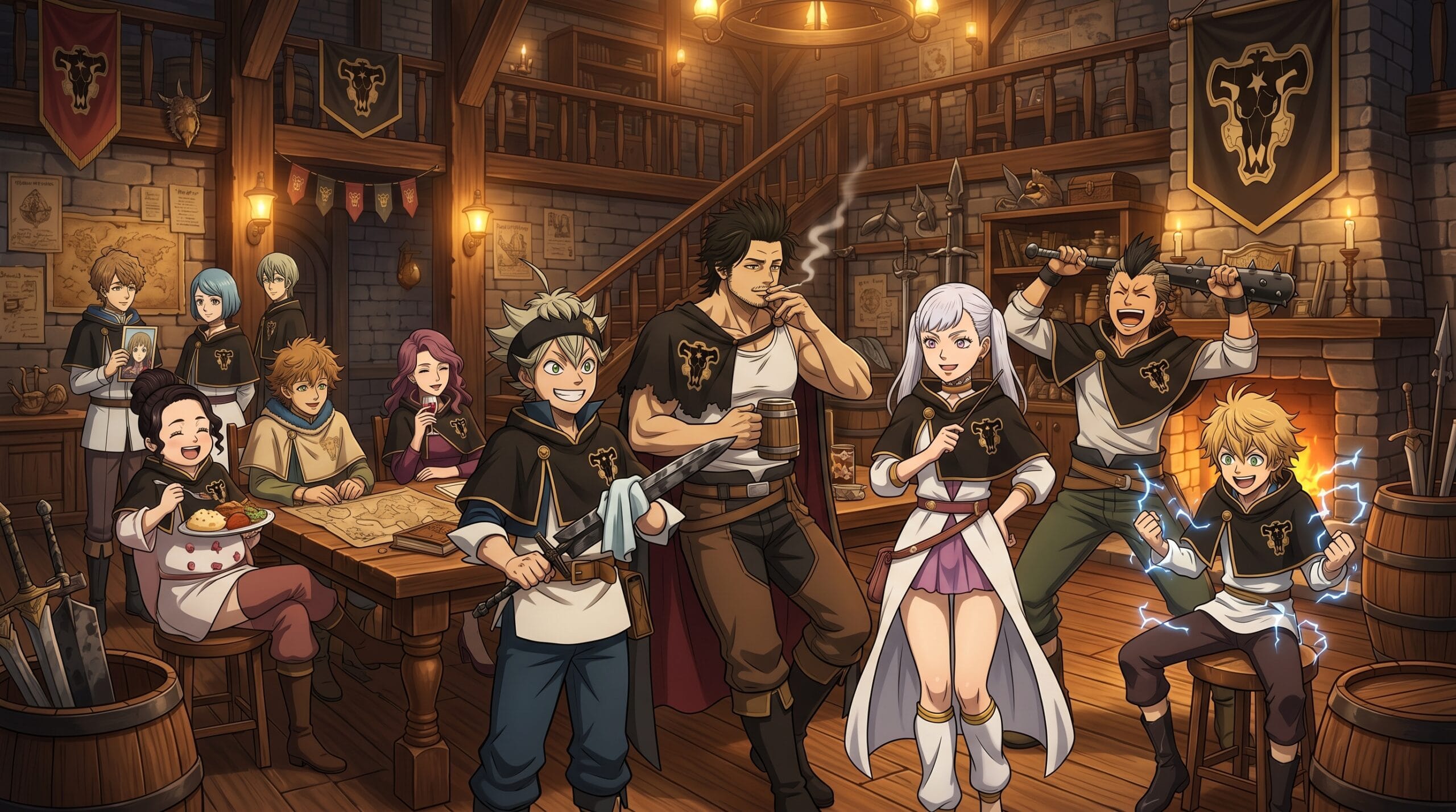 Members of the Black Bulls squad from Black Clover preparing for new adventures.