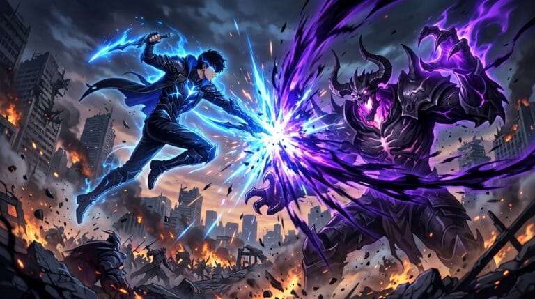 Epic battle between a powerful shadow hunter and a colossal monarch enemy amid a city-destroying energy clash.