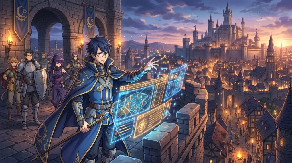 Shiroe using strategic magic with a floating game interface in a medieval fantasy city.