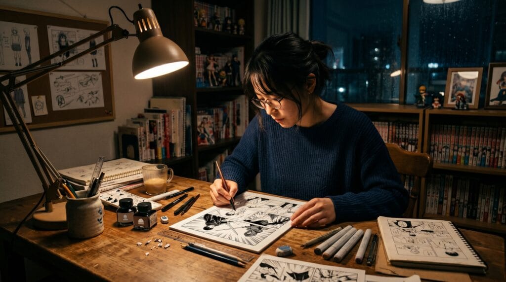 Yoshihiro Togashi inspired manga creation workspace