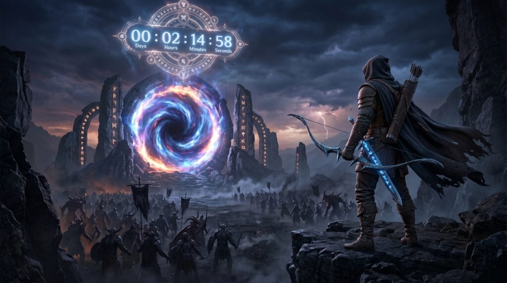 Fantasy hunter standing before a mysterious portal.