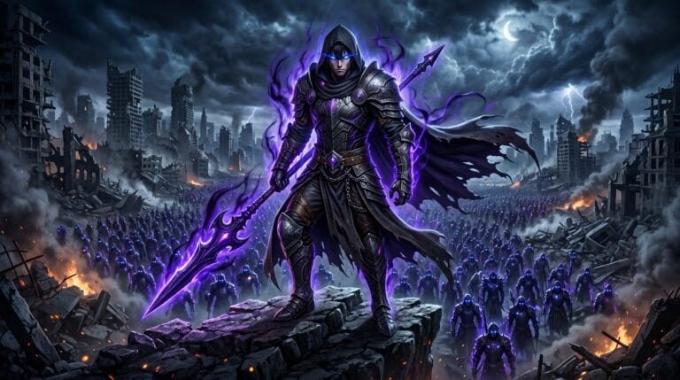 Shadow monarch inspired hunter leading a massive shadow army.