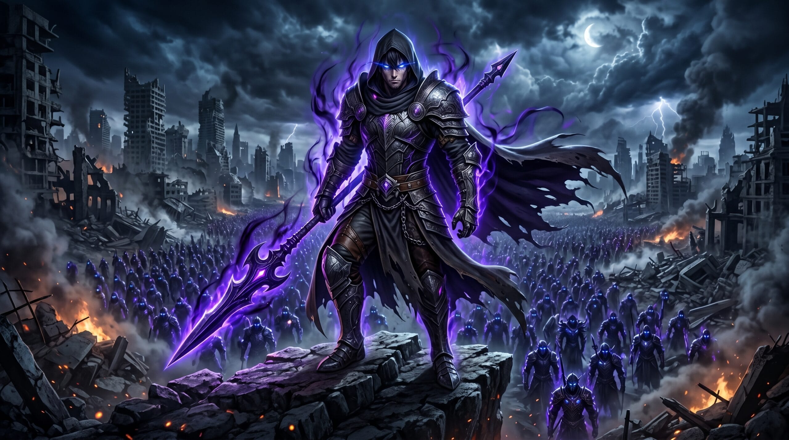 Shadow monarch inspired hunter leading a massive shadow army.