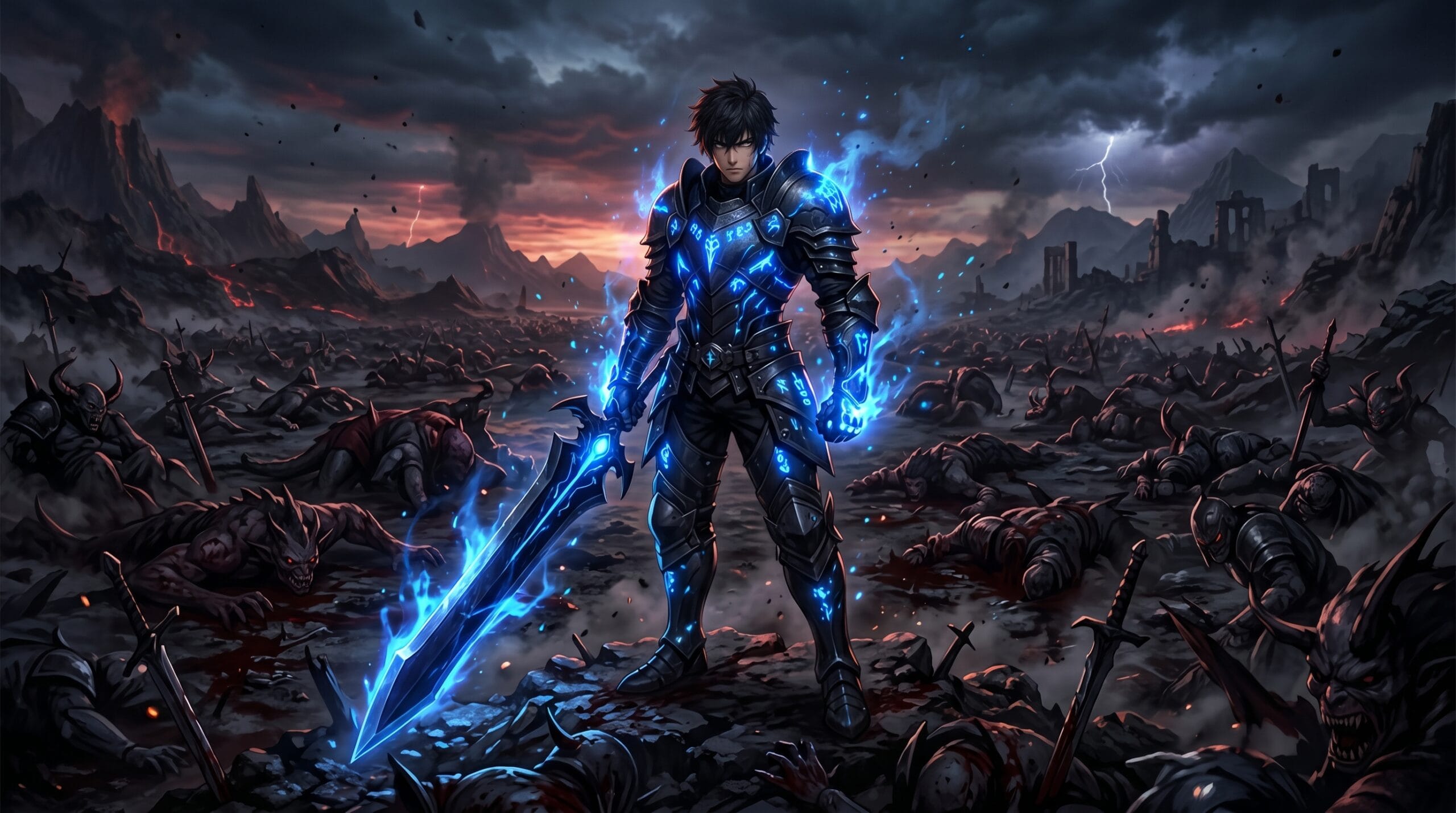 Solo Leveling inspired anime hero showing overpowered progression and dark fantasy transformation