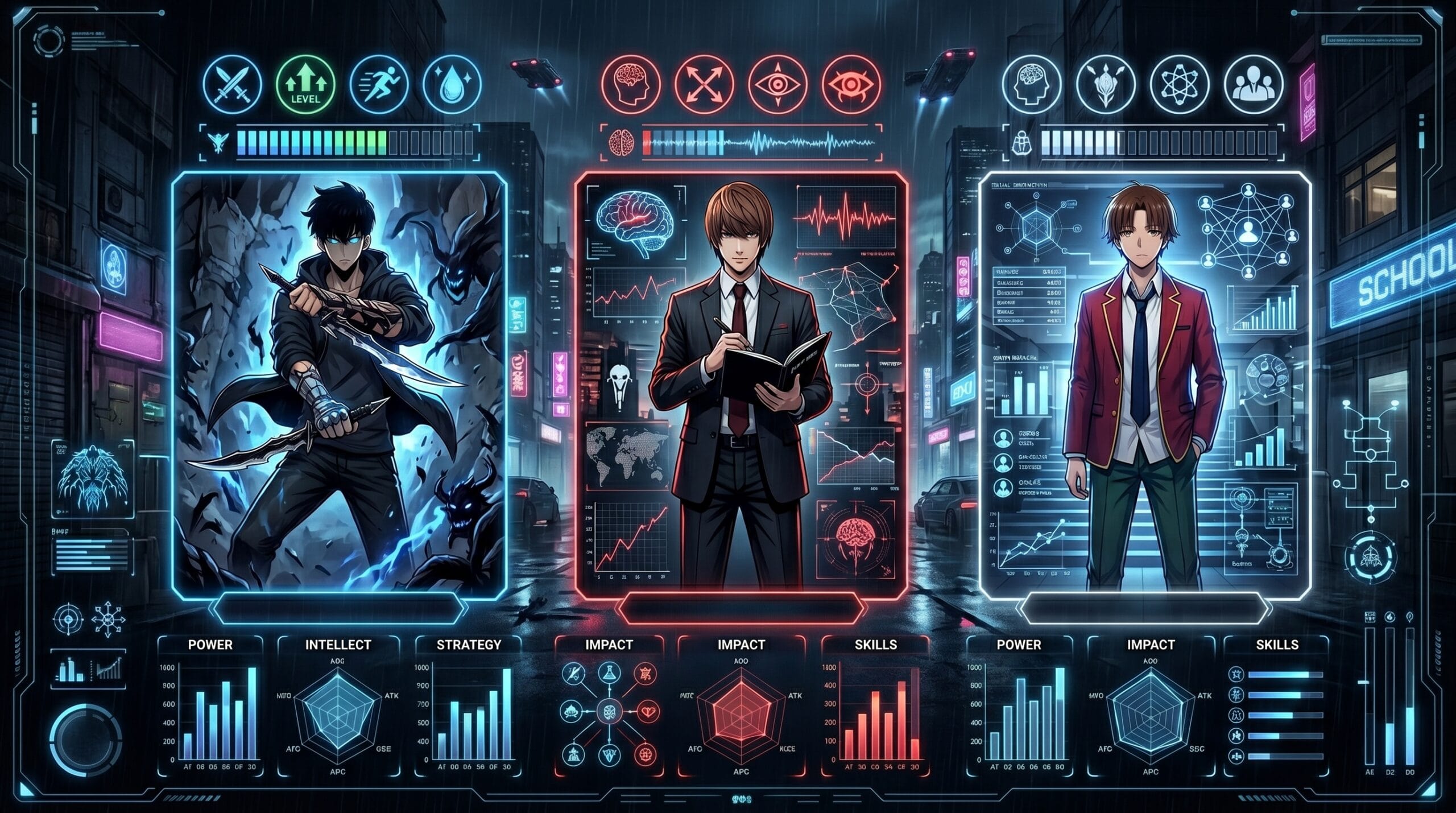 Anime comparison infographic between Solo Leveling Death Note and Classroom of the Elite protagonists