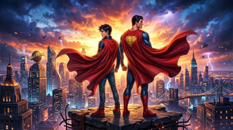 Promotional artwork featuring Superman and Superboy together.