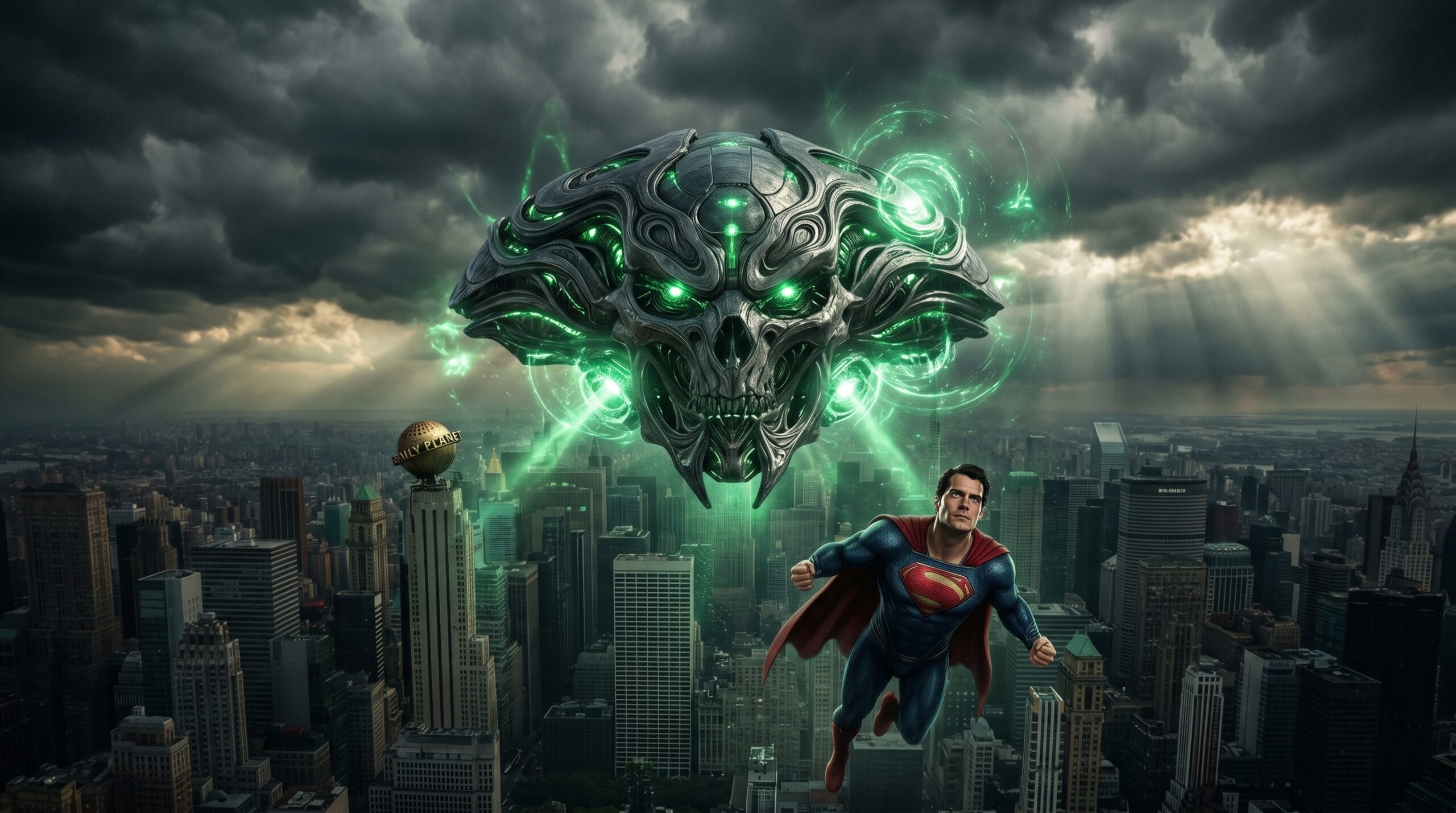 A powerful alien villain threatening Metropolis while Superman prepares to fight.