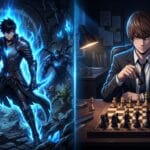Solo Leveling and Death Note style anime comparison showing power and psychological intelligence battle