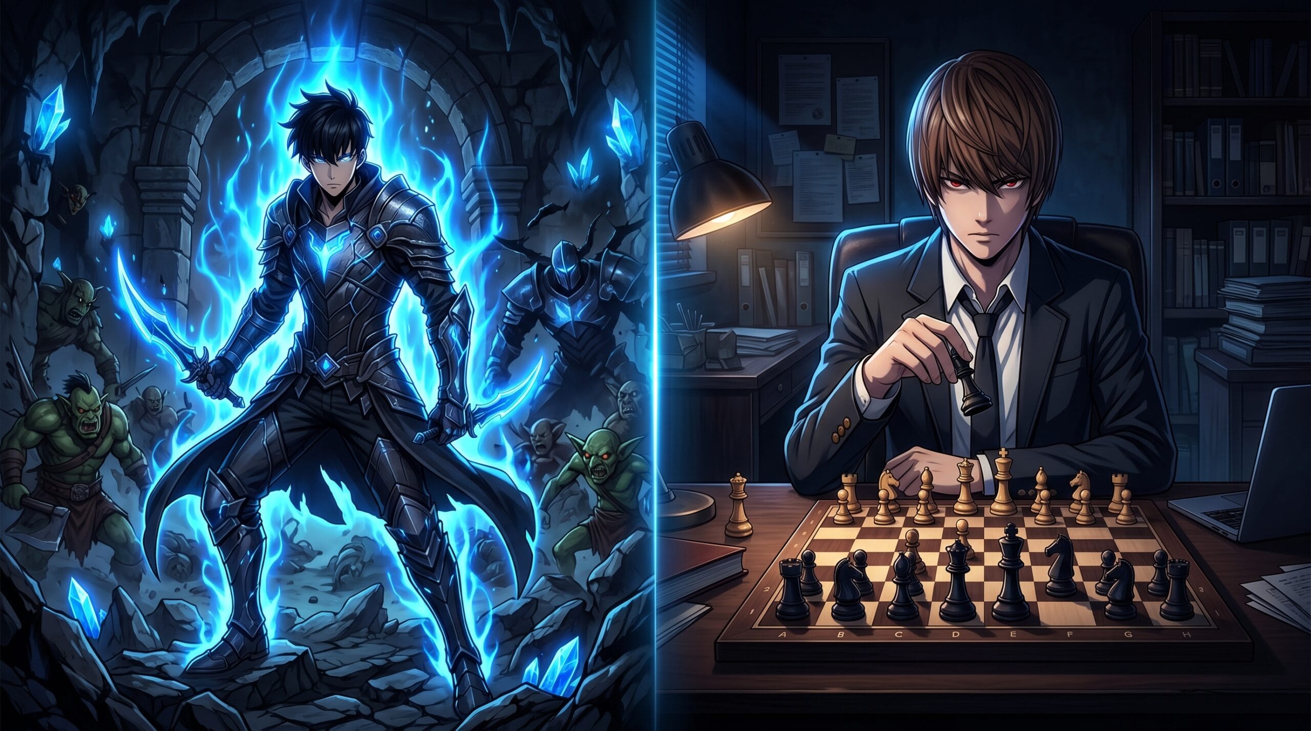 Solo Leveling and Death Note style anime comparison showing power and psychological intelligence battle