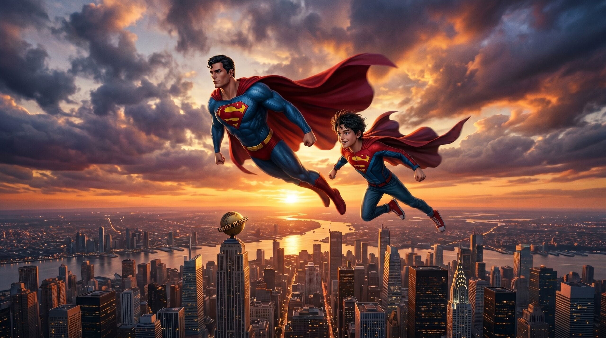 Vertical artwork showing Superman and Superboy flying above Metropolis.