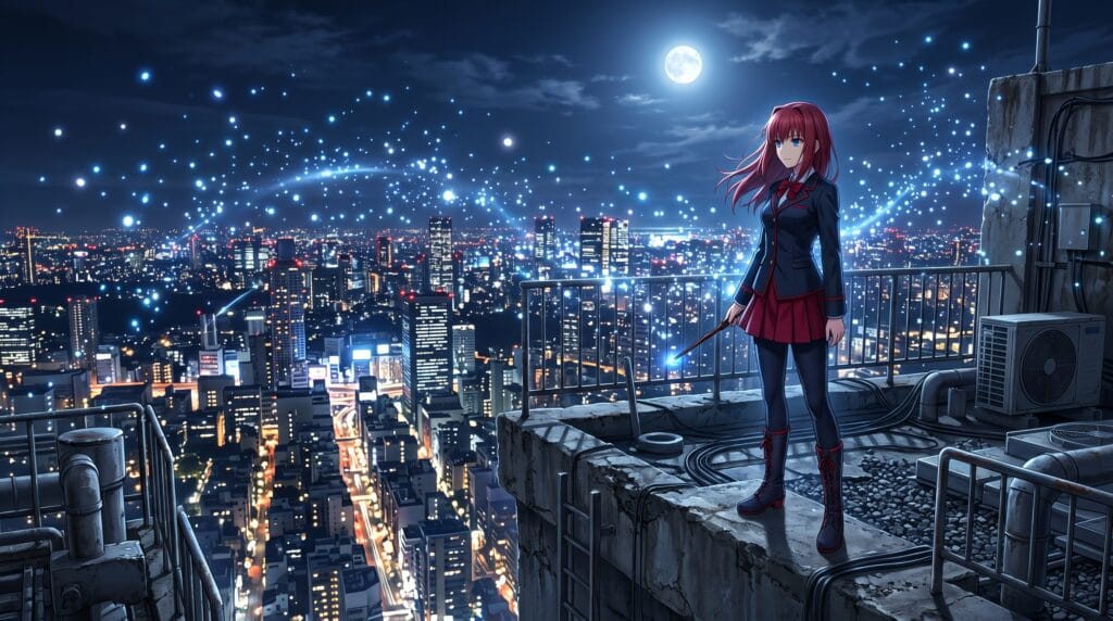 Aoko Aozaki overlooking a city in Witch on the Holy Night.
