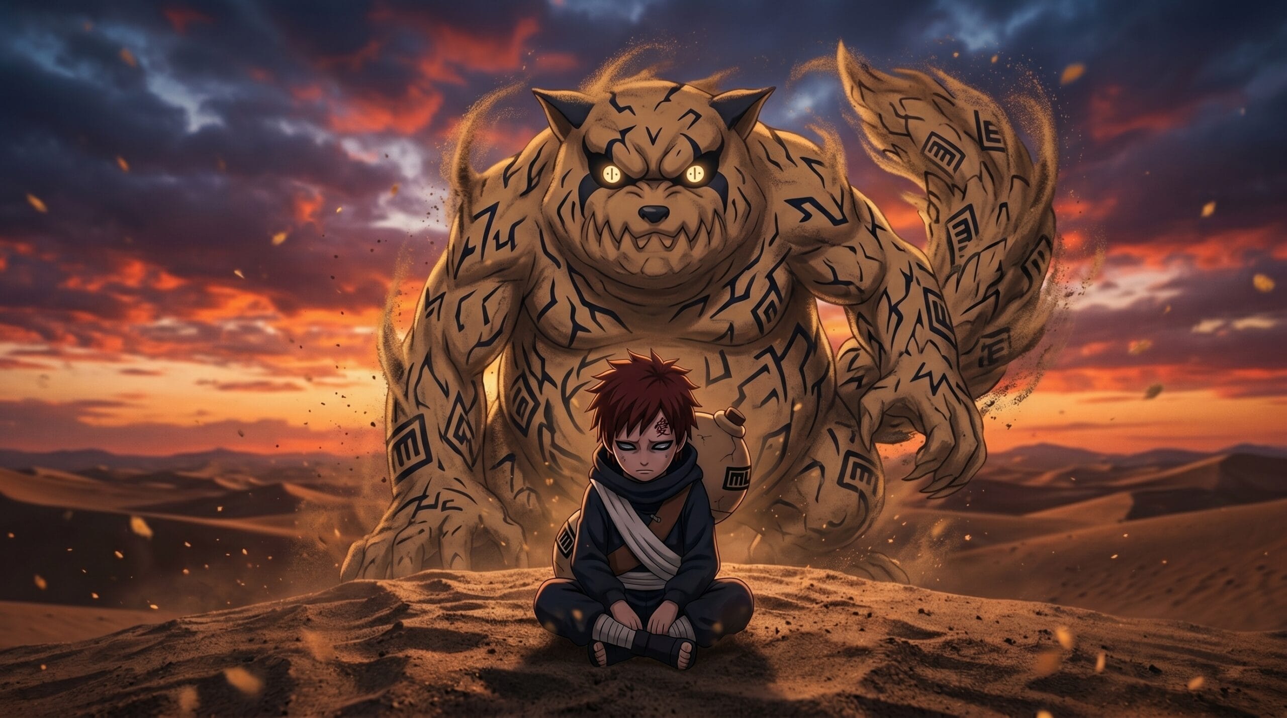 Young Gaara with One Tail Shukaku emotional desert scene