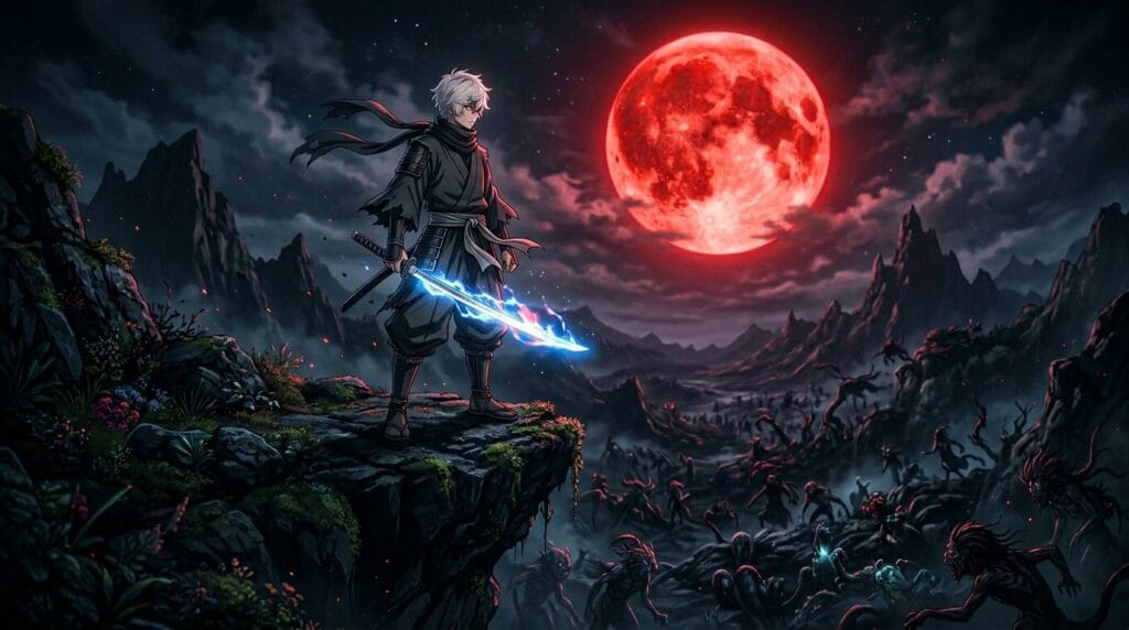 Hell’s Paradise JRPG anime wallpaper featuring dark fantasy island battle scene