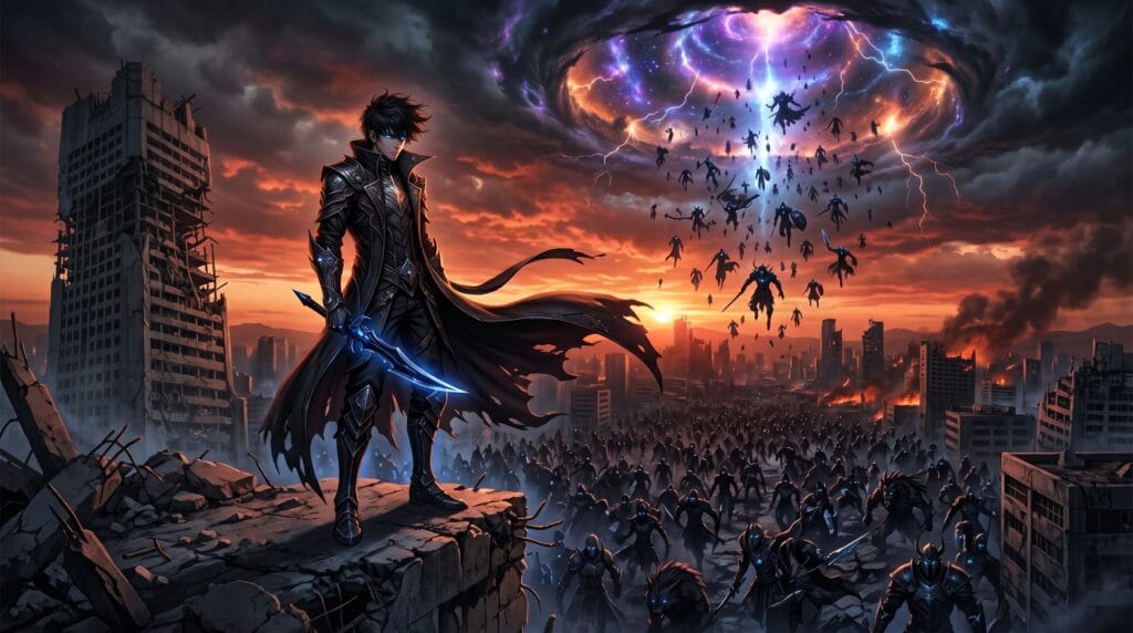 Shadow monarch warrior standing atop a ruined skyscraper with a giant portal and shadow army in the background.