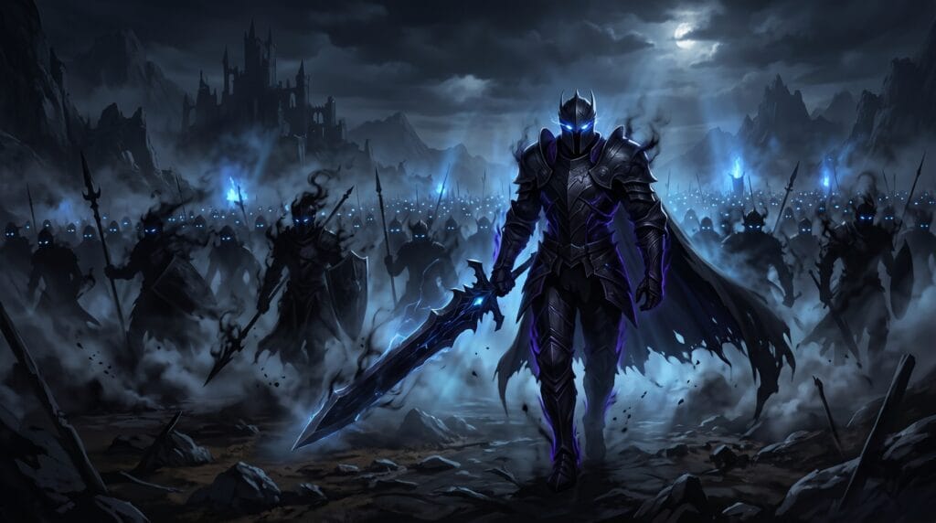 Giant army of shadow warriors emerging from darkness with glowing blue eyes and fantasy battle atmosphere.