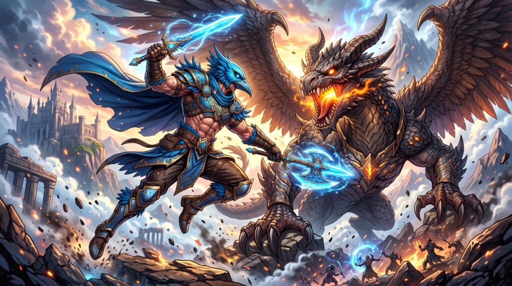 Sunraku wearing his iconic bird mask while battling a giant fantasy monster in Shangri-La Frontier.