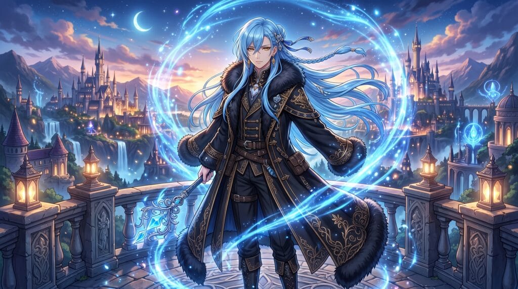 Rimuru Tempest surrounded by magical blue energy in a fantasy kingdom setting.
