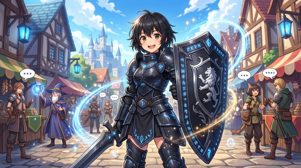 Maple in oversized black armor holding a massive shield in a colorful MMORPG world.