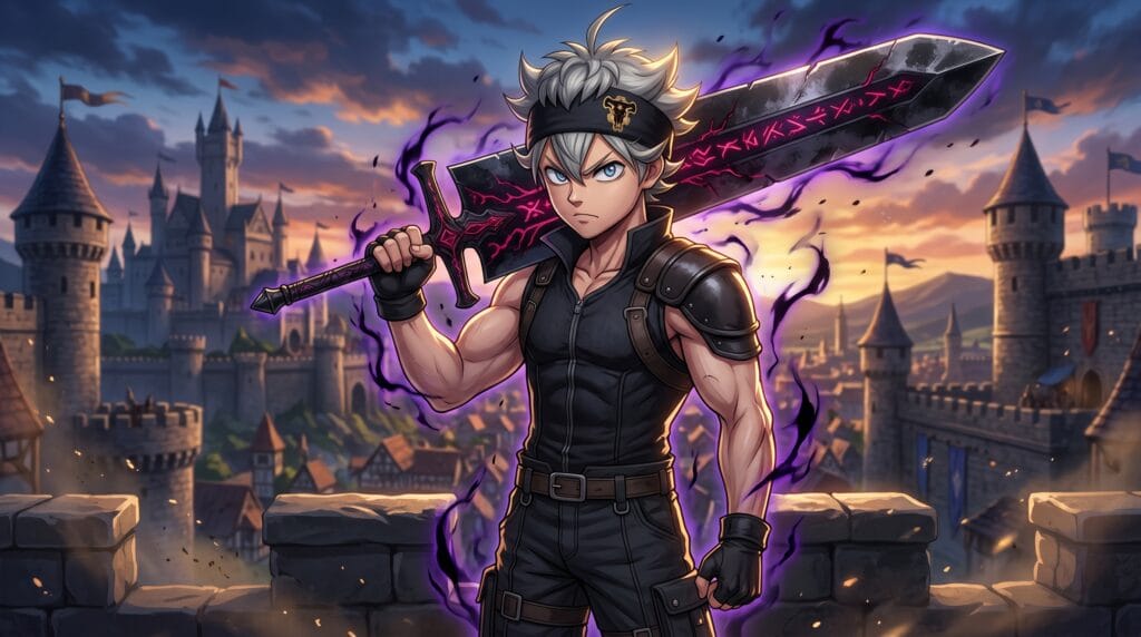 Asta wielding his giant anti-magic sword with dark energy surrounding him in Black Clover.