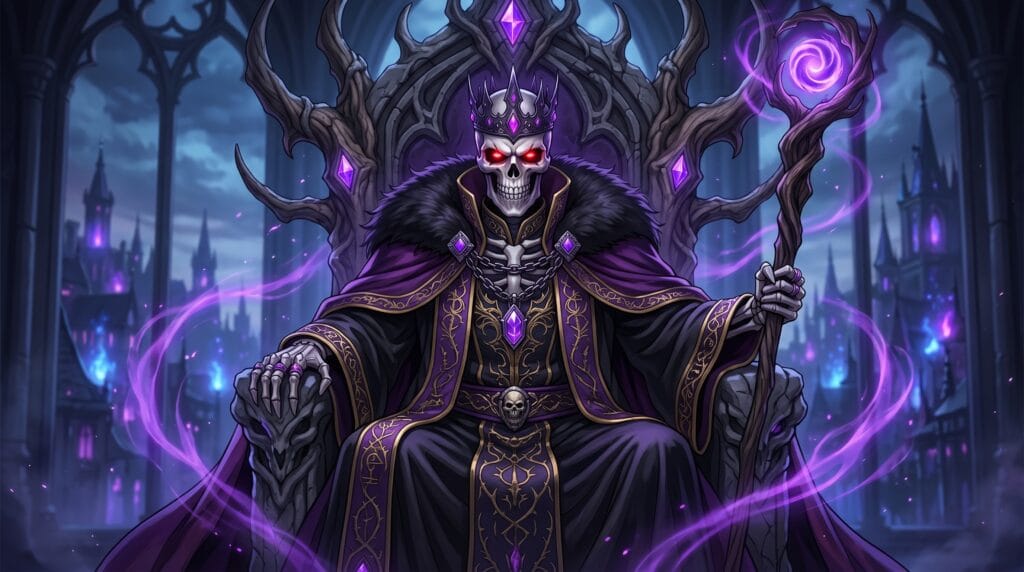 Ainz Ooal Gown sitting on a dark royal throne surrounded by powerful magical energy.