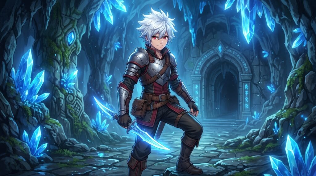 Bell Cranel exploring a dangerous dungeon with a glowing dagger and crystal-lit surroundings.