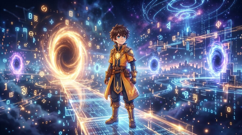 Tsukasa standing alone in a mysterious virtual world filled with floating digital symbols.