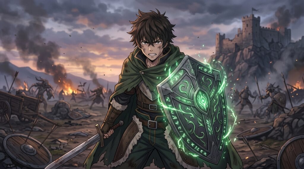 Naofumi Iwatani holding the Legendary Shield while facing powerful enemies on a battlefield.