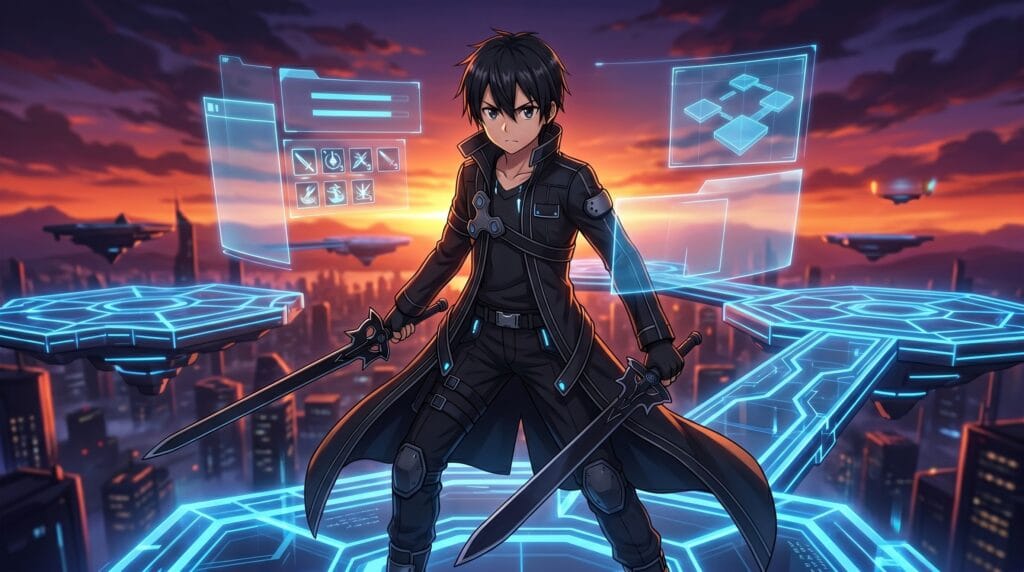 Kirito standing on a futuristic virtual battlefield with dual swords and glowing blue game interface effects.
