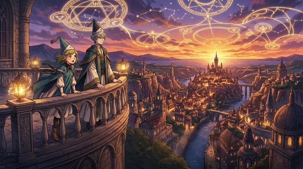 Coco and Qifrey overlooking a magical city in the Witch Hat Atelier Season 2 trailer.