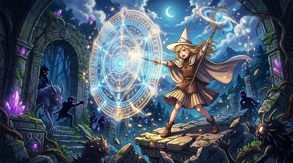 Coco casting a powerful spell during an action scene in Witch Hat Atelier Season 2.