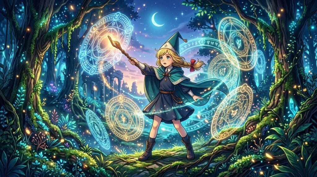 Coco surrounded by glowing magical spell circles in the Witch Hat Atelier Season 2 teaser.