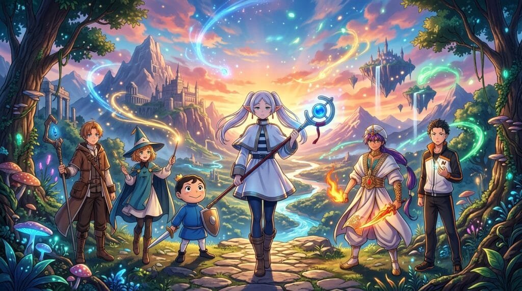 Frieren standing with five iconic fantasy anime heroes in a magical world filled with castles, floating islands, enchanted forests, and glowing spell effects.